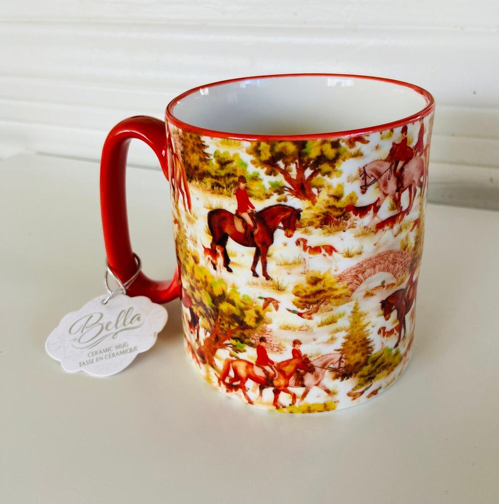 NEW Bella Red Equestrian Horse & Hound Hunt Autumn Ducks 16oz Coffee Tea Mug